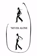 "NEVER ALONE" silhouette of a person walking with a ribbon overtop tattoo design idea