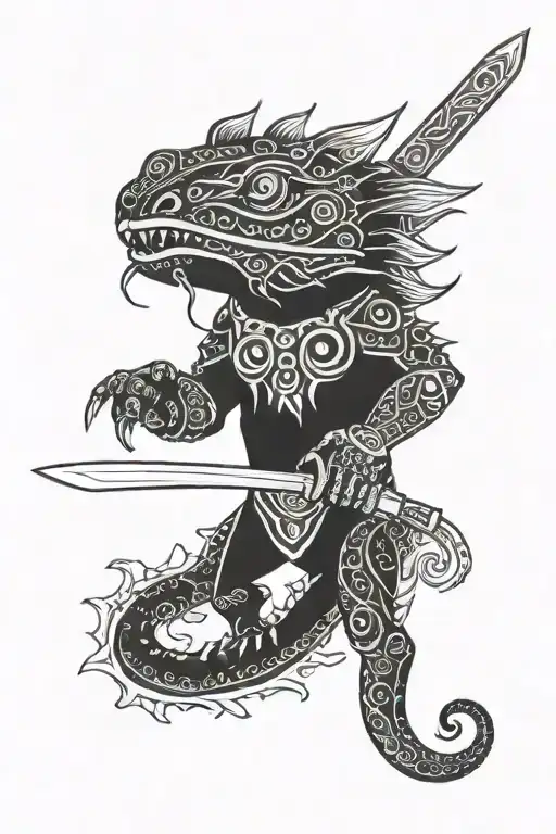 aztec axolotl holding sword tattoo design idea