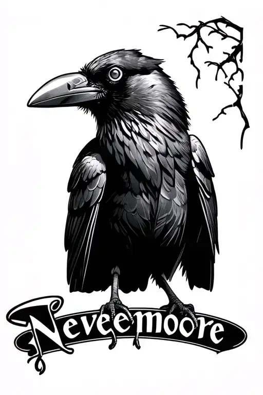 Raven perched and says "Nevermore" in American typewriter font underneath it.  tattoo design idea