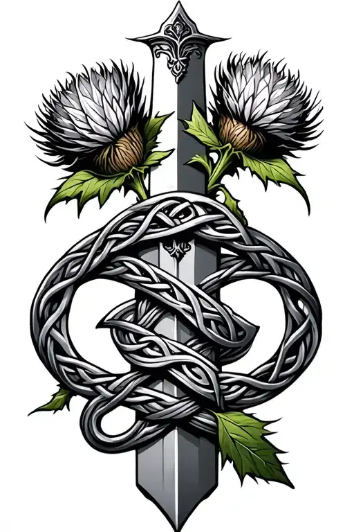 celtic sword intertwined with thistle tied together tattoo design idea