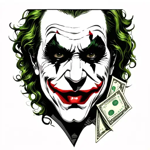 Joker head tattoo with money and pinstol for tattoos in the abdomen tattoo design idea