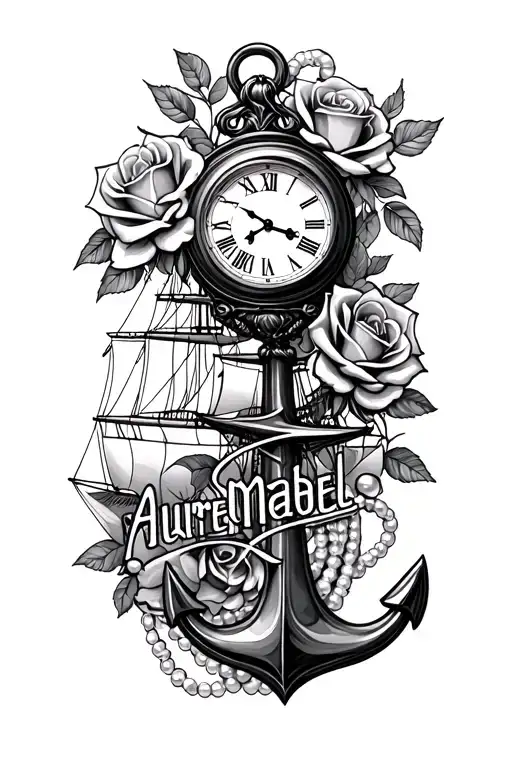 "Audrey, Mabel" roses, clock, anchor, pearls, ship tattoo design idea