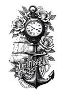 "Audrey, Mabel" roses, clock, anchor, pearls, ship tattoo design idea