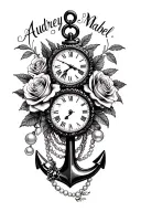 "Audrey, Mabel" roses, clock, anchor, pearls, ship tattoo design idea