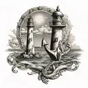 anchor, sea, lighthouse in the background tattoo design idea