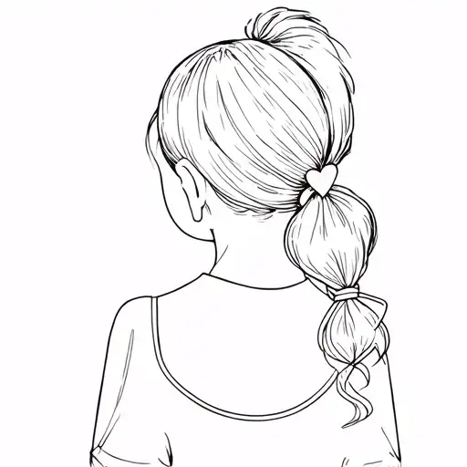 A minimalist design of A light-skinned one year old girl with a ponytail tied with a heart-shaped hair tie tattoo design idea