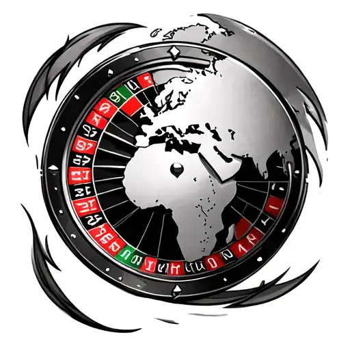 section of a roulette wheel on left hand side which blends into a and world map on the right tattoo design idea
