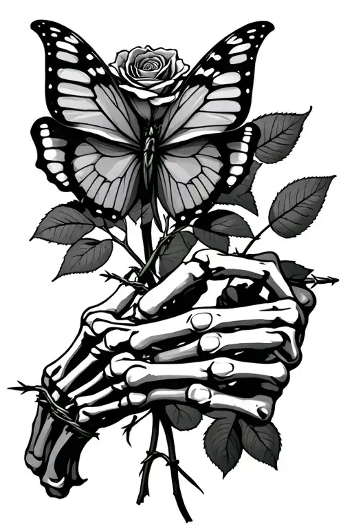 butterfly resting on rose, rose being held by skeleton hand, wrapped in barbed wire tattoo design idea