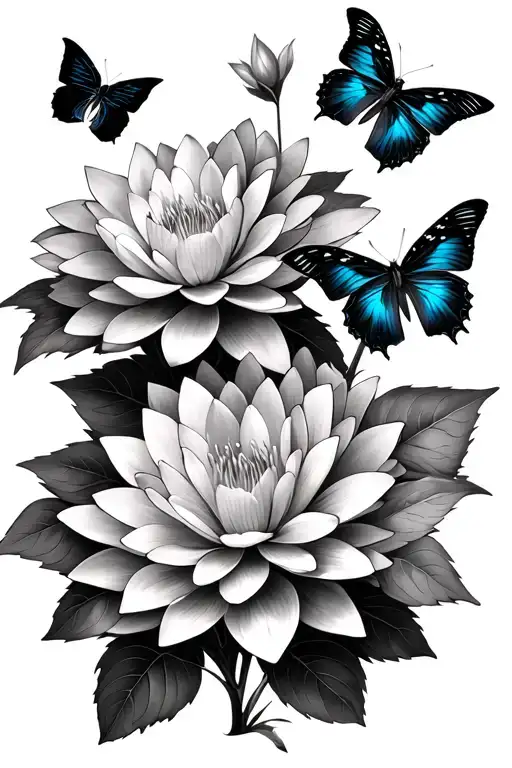 hydrangea, water lily, and godart morpho butterflys tattoo design idea