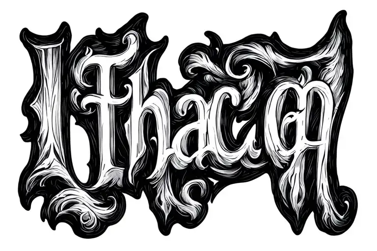 the word Ithaca in etch style tattoo tattoo design idea