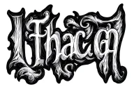the word Ithaca in etch style tattoo tattoo design idea