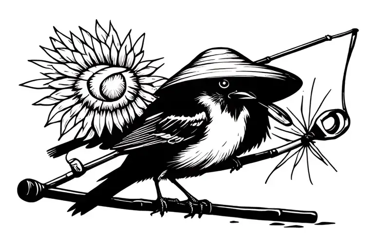 A bird holding a fishing rod and wearing a straw hat tattoo design idea