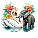 Neo-traditional tattoo design featuring a swan and an elephant, their neck and trunk gently curving toward each other to tattoo design idea