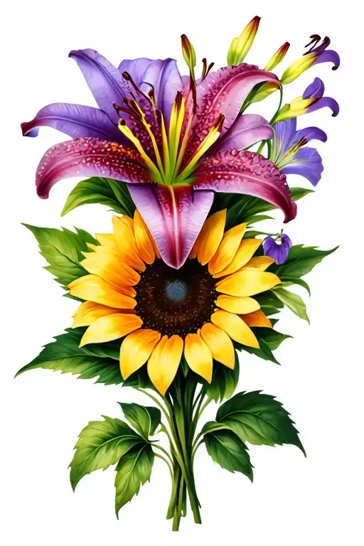 small bouquet of star gazer Lily, sunflower, and violet tattoo design idea