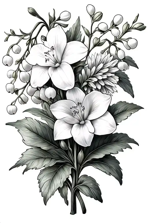 narcissus flowers, Lily of the Valley, Hawthorn flowers, and Aster and Morning Glory tattoo design idea