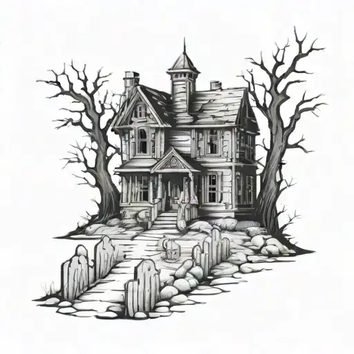 A haunted house with a creepy graveyard in the background tattoo design idea