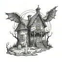A haunted house with a creepy graveyard in the background tattoo design idea