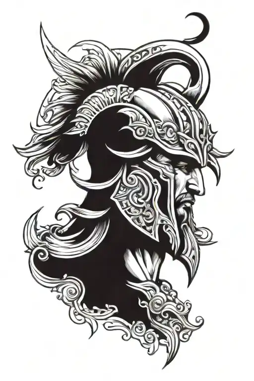 blackwork tattoo design of god ares for side thigh tattoo design idea