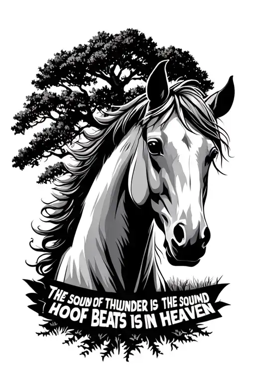 horse head with a big tree  in the back ground with the saying the sound of thunder is the sound of hoof beats in heaven tattoo design idea