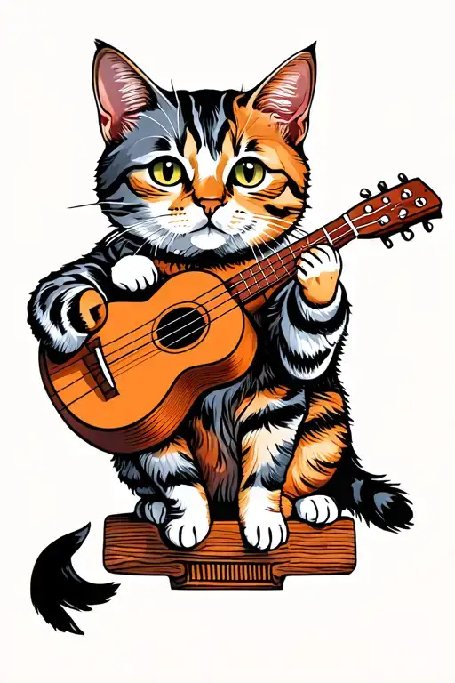 striped cat with a multicolored coat — black, white, ginger, and gray. The cat is sitting on a tall, playing ukulele  tattoo design idea