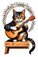 striped cat with a multicolored coat — black, white, ginger, and gray. The cat is sitting on a tall, playing ukulele  tattoo design idea