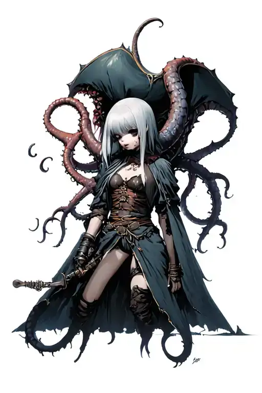 nier automata 2b fighting cthulhu dressed as ragged pirates tattoo design idea