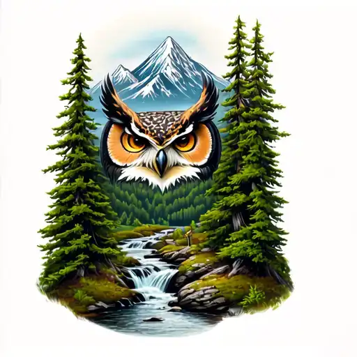 pine trees and a stream flowing behind a mountain and a owl head tattoo design idea
