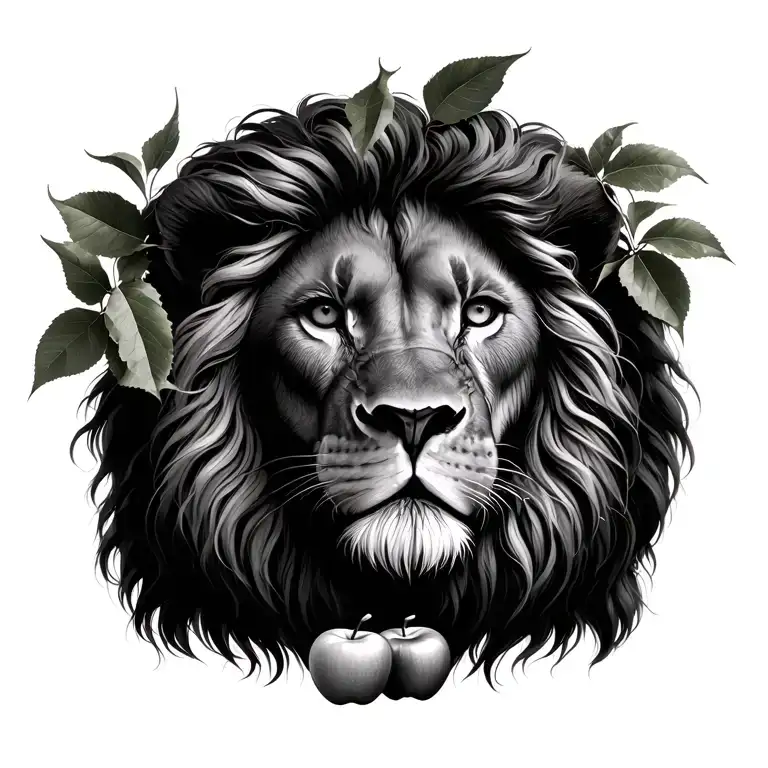 lion face in apple tree with 2 apples atbottom tattoo design idea