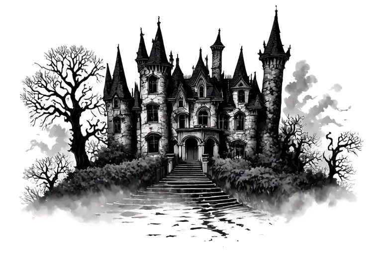 haunted mansion hedge rows expansive spooky misty cloudy castle tattoo design idea