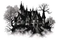 haunted mansion hedge rows expansive spooky misty cloudy castle tattoo design idea
