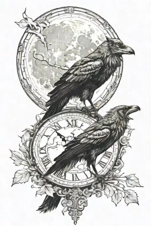 clock wolf crow and a full moon tattoo design idea