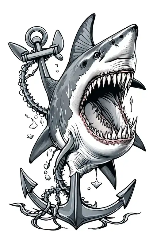 Great white shark with exposed ribs and scars swiming around an anchor tattoo design idea