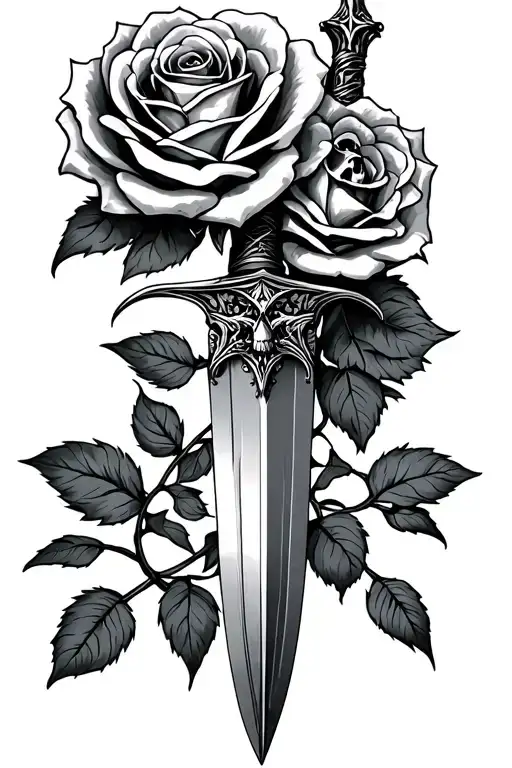 gothic style tattoo design featuring roses intertwined with a dagger with a skull hilt tattoo design idea