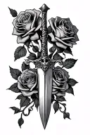 gothic style tattoo design featuring roses intertwined with a dagger with a skull hilt tattoo design idea