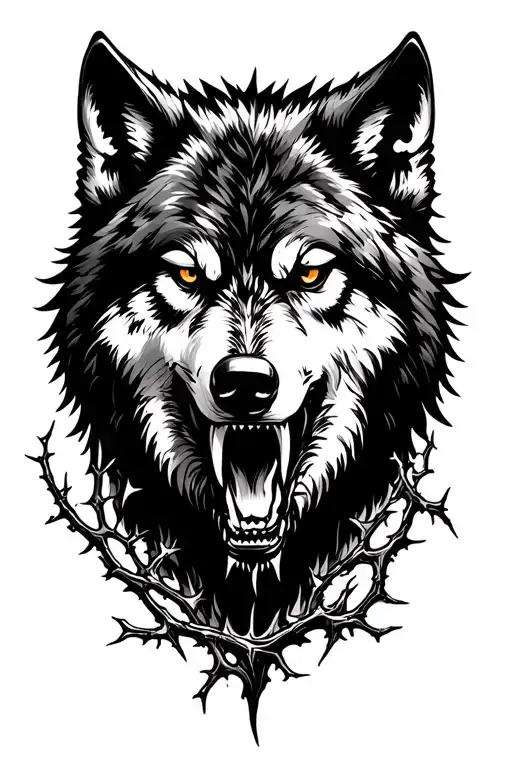 rabid wolf wounded thorn vine nature rocky mountain tattoo design idea