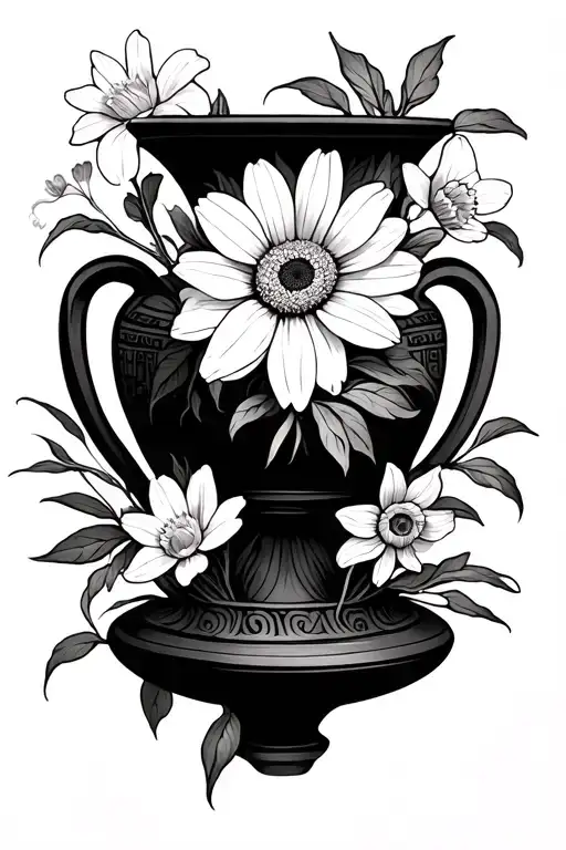 Greek vase with an aster flower and a narcis flower inside  tattoo design idea