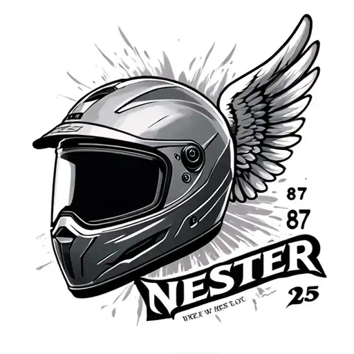 Word NESTER, year 87 and 25, and motorcycle helmet with wings. tattoo design idea
