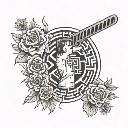 a maze runner themed tattoo featuring a maze full of flowers and machete tattoo design idea