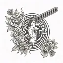 a maze runner themed tattoo featuring a maze full of flowers and machete tattoo design idea