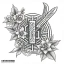 a maze runner themed tattoo featuring a maze full of flowers and machete tattoo design idea