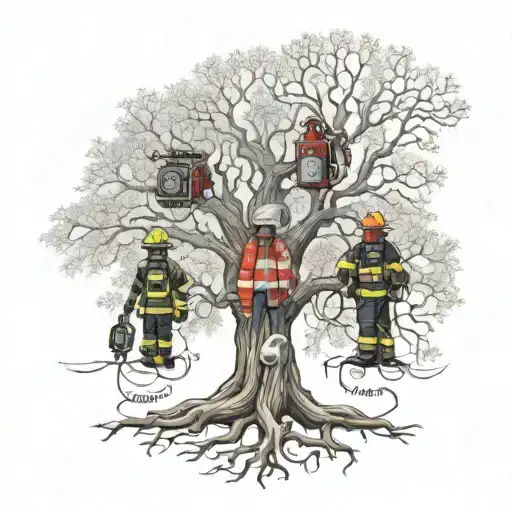 A family tree intertwined with firefighting equipment, symbolizing the strong bond and support from loved ones in the face of danger tattoo design idea