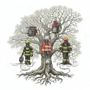 A family tree intertwined with firefighting equipment, symbolizing the strong bond and support from loved ones in the face of danger tattoo design idea