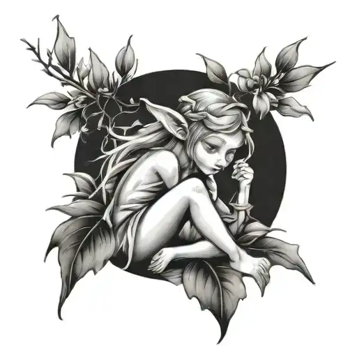 little elf fairy sitting with olive tree branch tattoo design idea