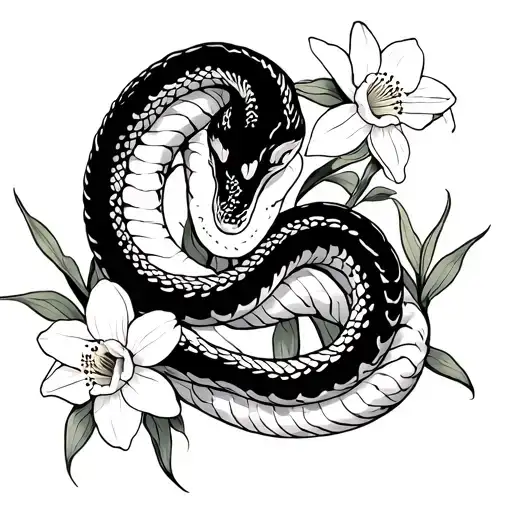 Chinese snake intertwined with daffodils tattoo design idea