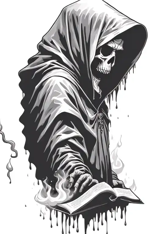 hooded reaper silohuette, smoke, fire, scary, book, rain tattoo design idea