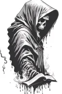 hooded reaper silohuette, smoke, fire, scary, book, rain tattoo design idea