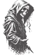 hooded reaper silohuette, smoke, fire, scary, book, rain tattoo design idea