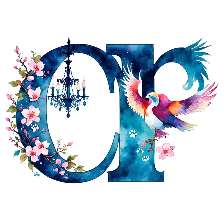 chandelier tattoo with the letters c and n hidden in cherry blossoms and paw prints and a phoenix in the middle  tattoo design idea