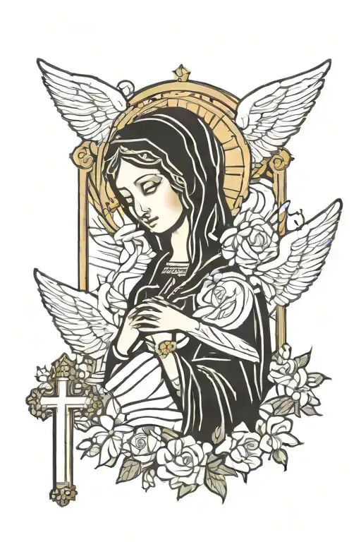 catholic, cross, Virgin Mary, angels,   tattoo design idea