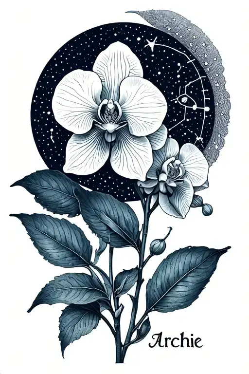 aquarius constellation with orchid flower and the name "Archie" tattoo design idea